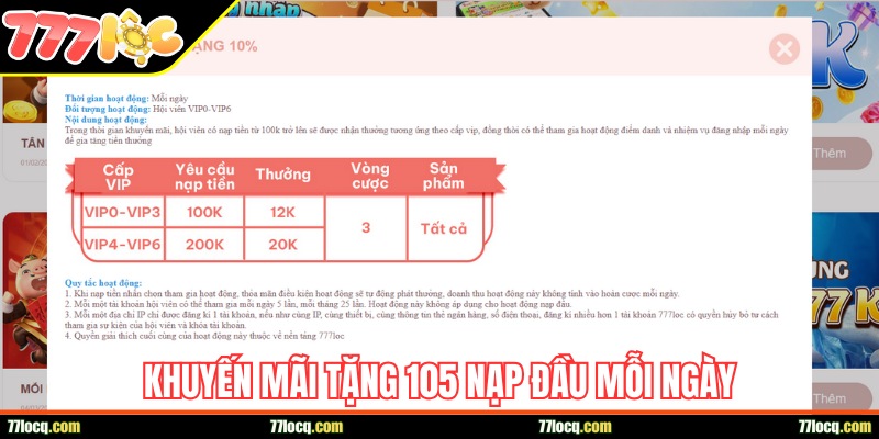 Khuyến mãi 77loc tặng 10% tiền nạp mỗi ngày Khuyến mãi 77loc tặng 10% tiền nạp mỗi ngày