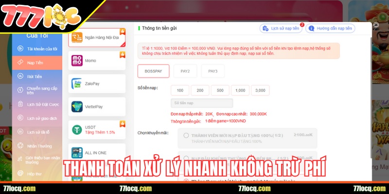 Thanh toán xử lý siêu nhanh không trừ phí